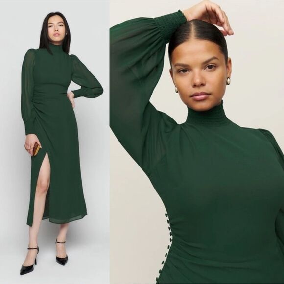 NEW Reformation Aude Long Sleeve Midi Dress Forest Green Size 18 - Picture 3 of 8
